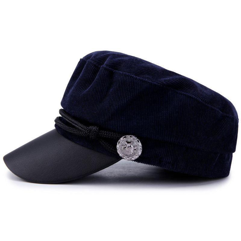 Spring, Summer, Autumn And Winter Navy Hat Women's British Retro Men PU Leather Seal Flat-top Hat