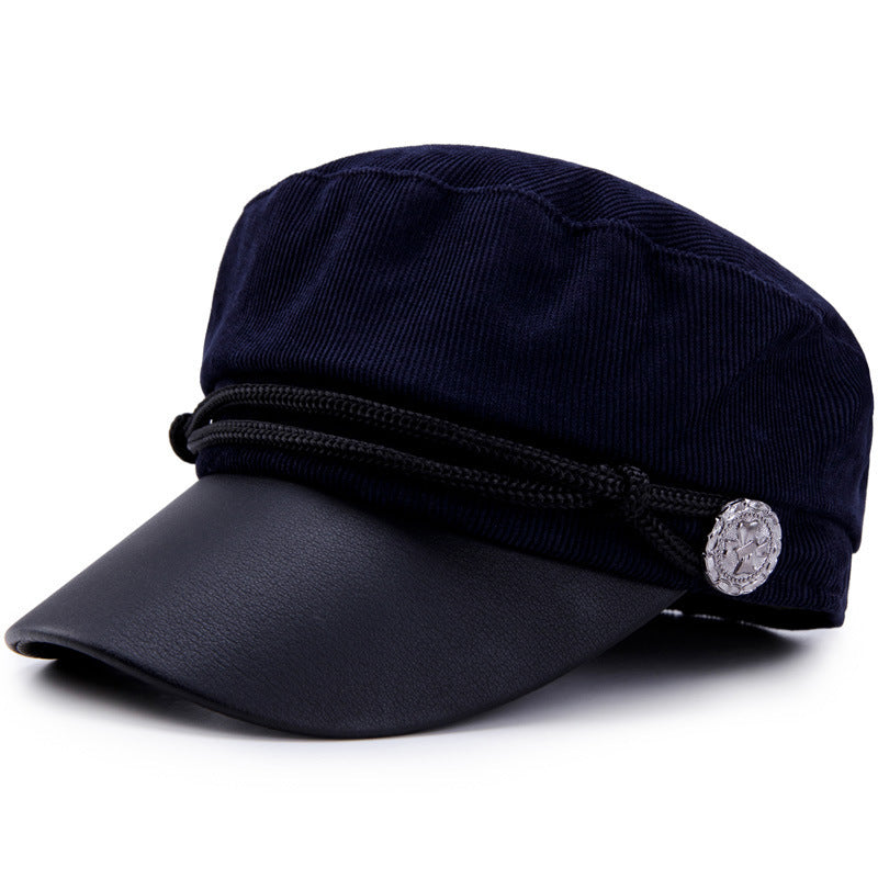 Spring, Summer, Autumn And Winter Navy Hat Women's British Retro Men PU Leather Seal Flat-top Hat