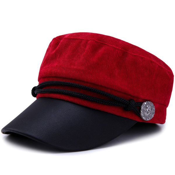 Spring, Summer, Autumn And Winter Navy Hat Women's British Retro Men PU Leather Seal Flat-top Hat