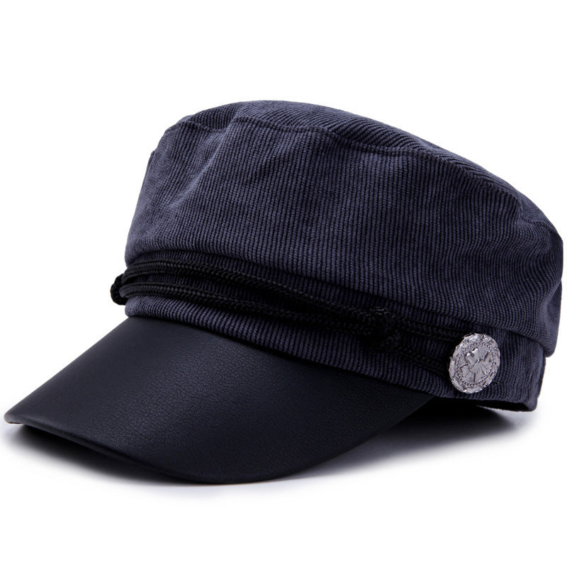 Spring, Summer, Autumn And Winter Navy Hat Women's British Retro Men PU Leather Seal Flat-top Hat