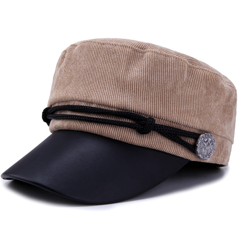Spring, Summer, Autumn And Winter Navy Hat Women's British Retro Men PU Leather Seal Flat-top Hat
